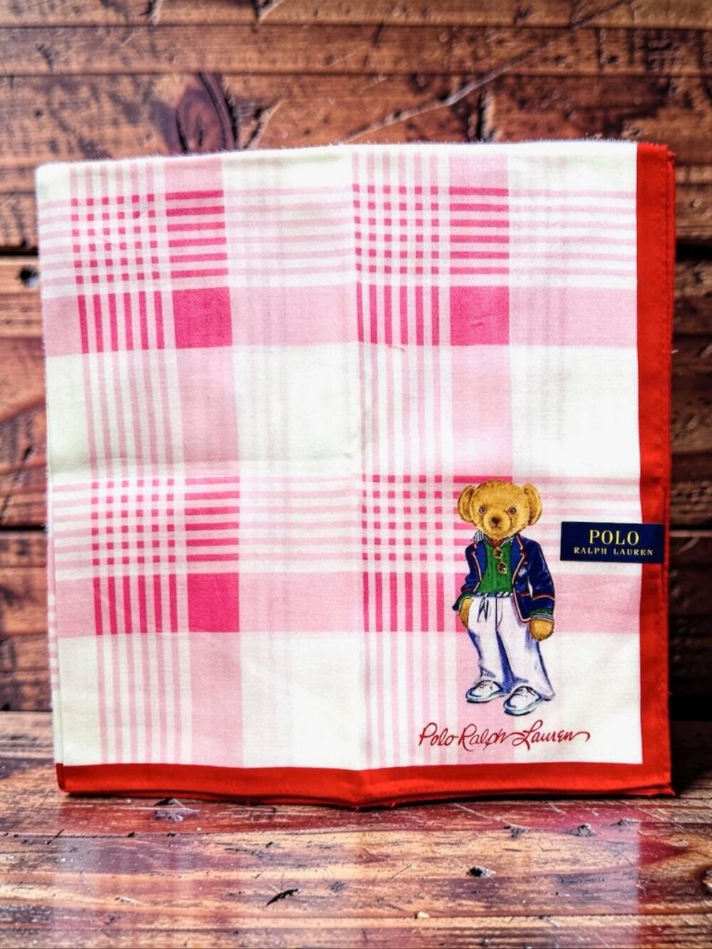 Polo Ralph Lauren Handkerchief /Mini Scarf 19" pink white check with bear(84)